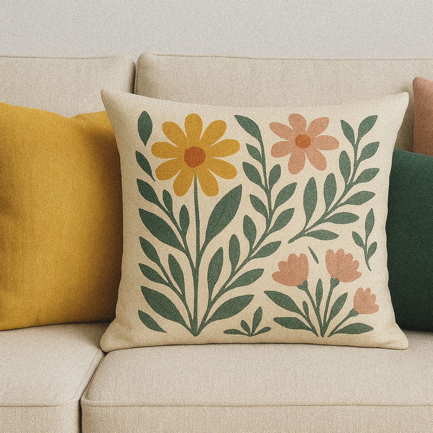 Premium floral Pattern Linen Look Throw Pillow Cover – 18x18, 22x22 Inch | Single Decorative Cushion for Spring & Summer Home Decor -Mustard,Pink blush and dark green