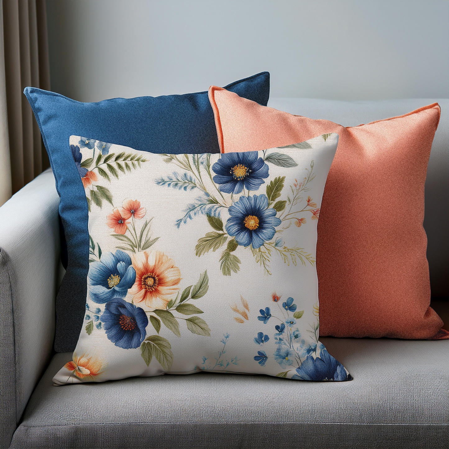 Premium Pattern Linen Look Throw Pillow Cover – 18x18, 22x22 , 22x12 Inch | Single Decorative Cushion for Spring & Summer Home Decor -Pattern muted Navy & Soft Coral Floral on Beige